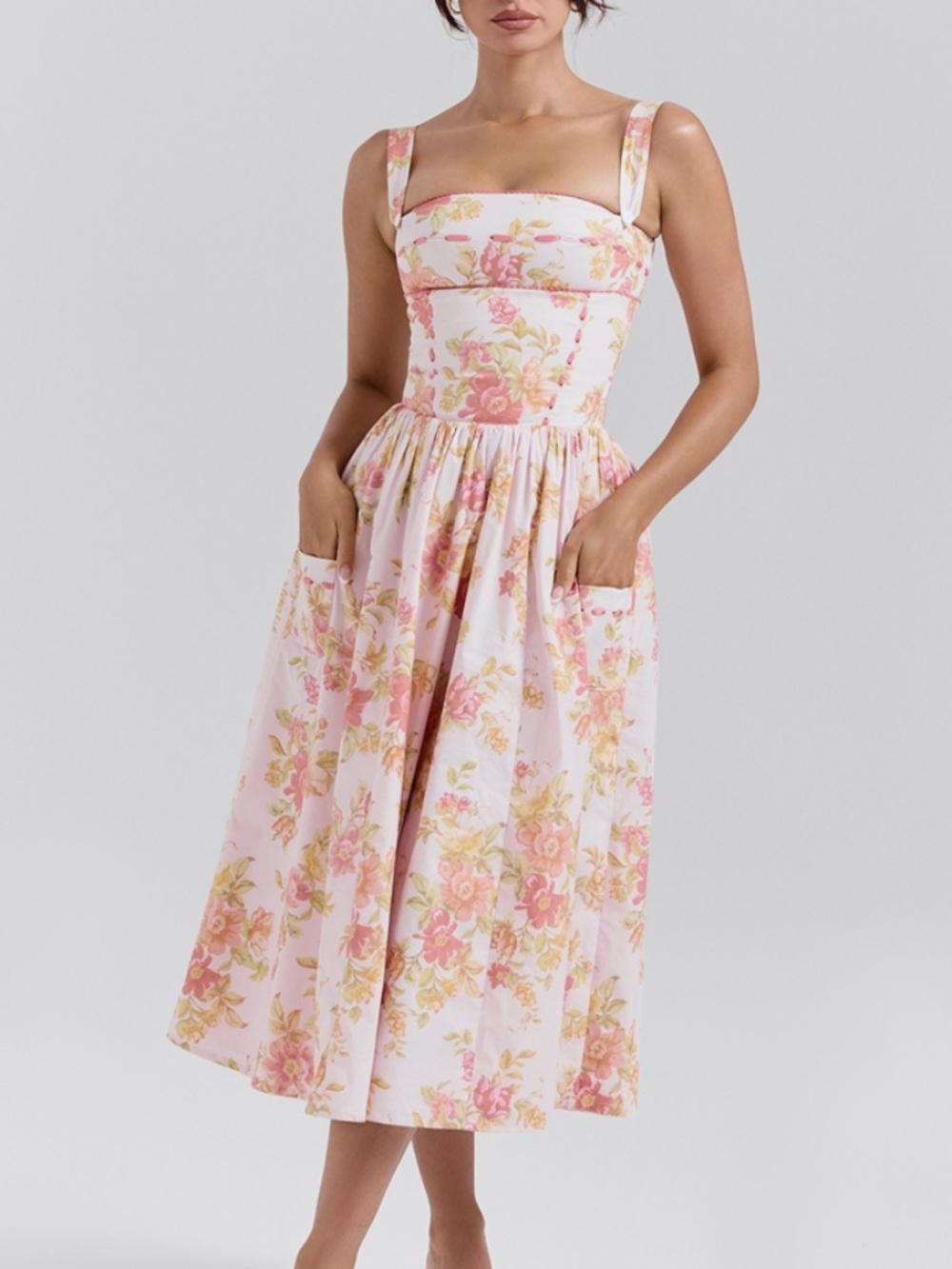 HOUSE OF CB 'Vivien' Peach Print Sundress Size M PLUS CUP